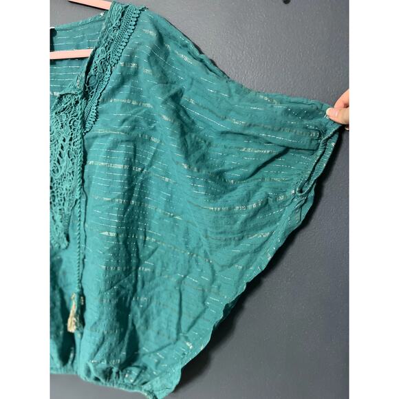 Monroe and Main Blue Boho Oversized Metallic Threading Tassels Lace V-neck - Picture 5 of 7